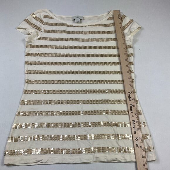 LOFT Sequin T-Shirt Ivory Gold Striped Short Sleeve Boat Neck Top Stretch Tee XS - Picture 6 of 11